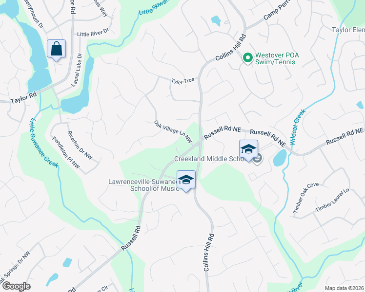 map of restaurants, bars, coffee shops, grocery stores, and more near 55 Russell Road in Lawrenceville