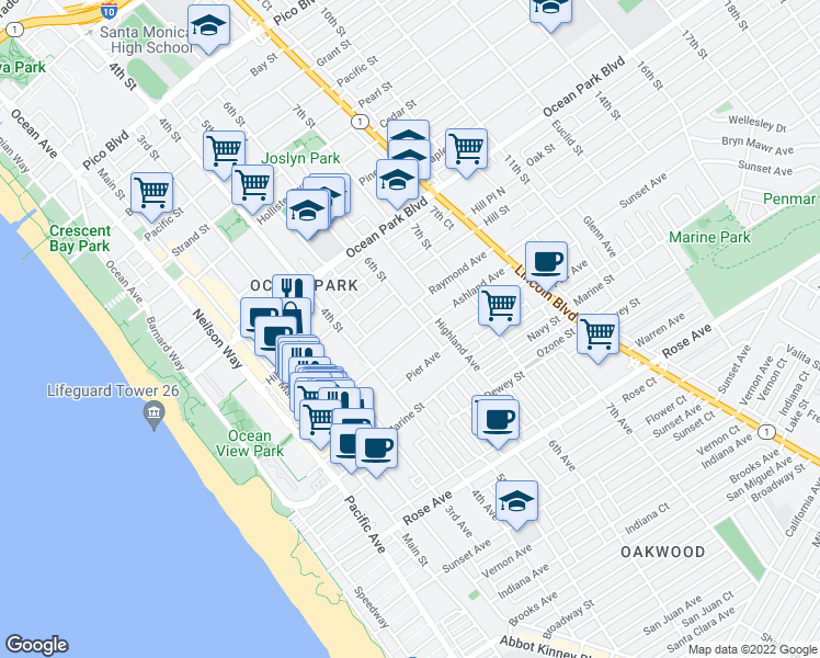 map of restaurants, bars, coffee shops, grocery stores, and more near 523 Ashland Avenue in Santa Monica