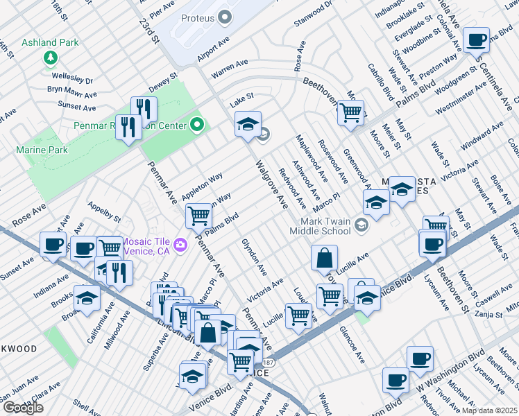 map of restaurants, bars, coffee shops, grocery stores, and more near 1347 Vienna Way in Los Angeles