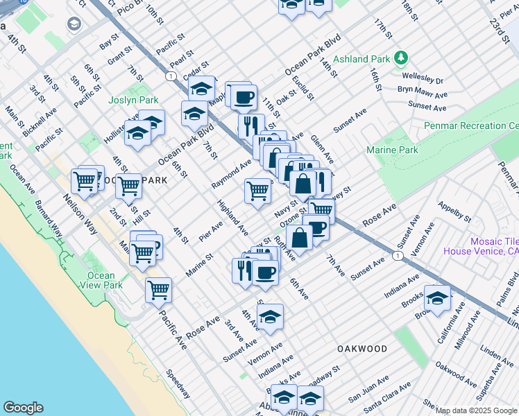 map of restaurants, bars, coffee shops, grocery stores, and more near 701 Marine Street in Santa Monica