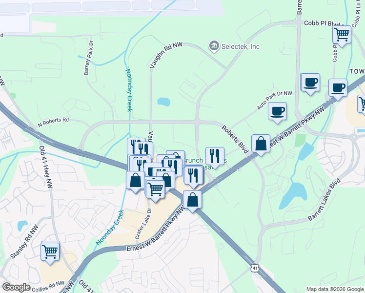 map of restaurants, bars, coffee shops, grocery stores, and more near 1225 Gates Mill Drive in Kennesaw