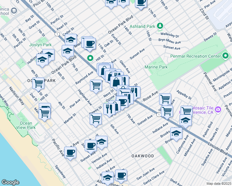 map of restaurants, bars, coffee shops, grocery stores, and more near 809 Ozone Street in Santa Monica
