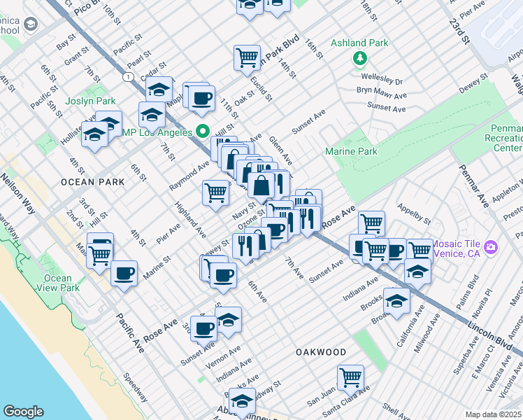 map of restaurants, bars, coffee shops, grocery stores, and more near 809 Ozone Street in Santa Monica