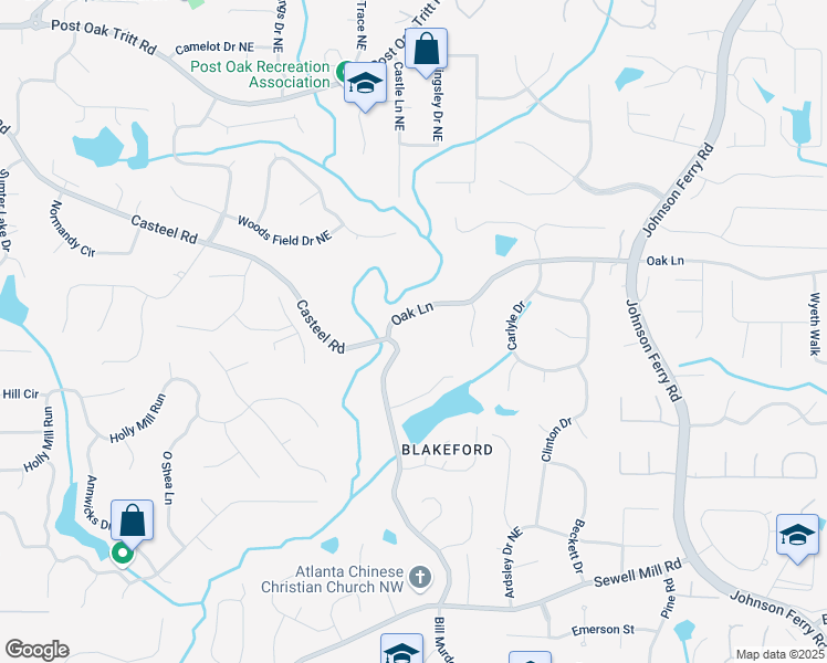 map of restaurants, bars, coffee shops, grocery stores, and more near 3650 Oak Lane in Marietta
