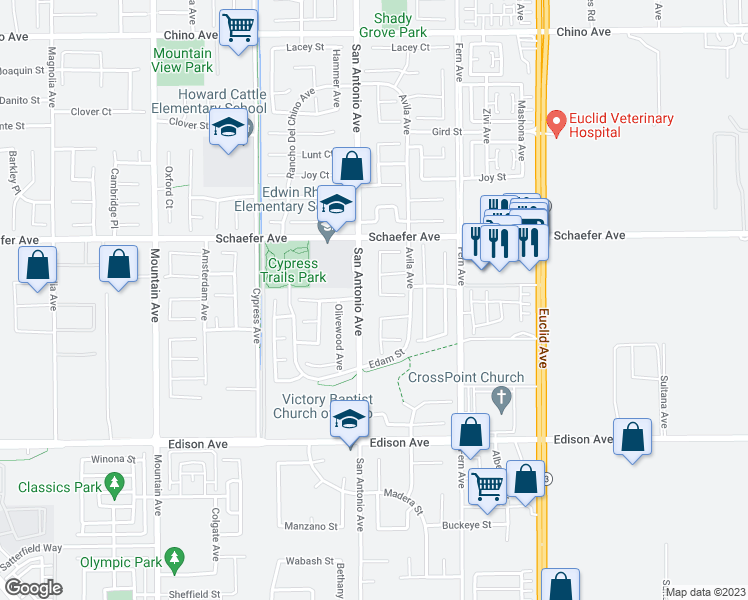 map of restaurants, bars, coffee shops, grocery stores, and more near 13798 Live Oak Avenue in Chino