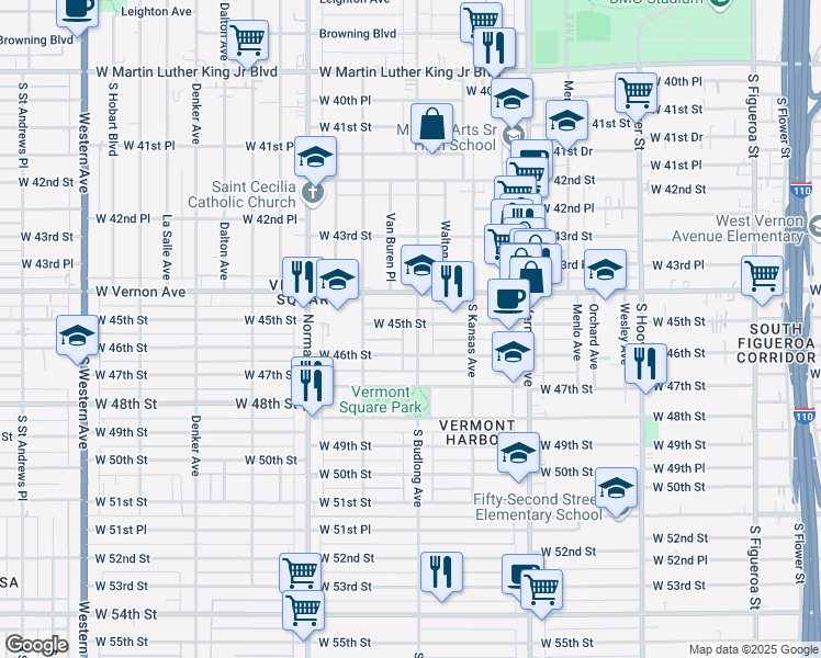 map of restaurants, bars, coffee shops, grocery stores, and more near 4501 South Budlong Avenue in Los Angeles
