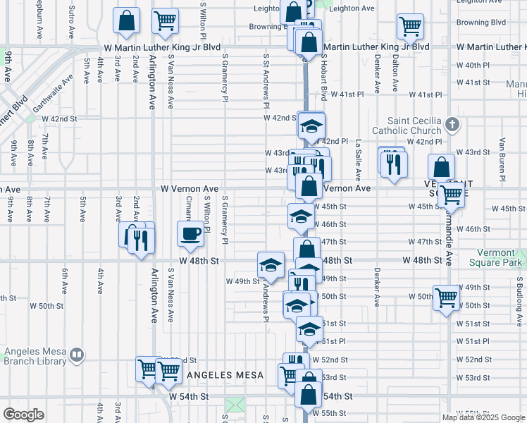 map of restaurants, bars, coffee shops, grocery stores, and more near 1800 West 45th Street in Los Angeles