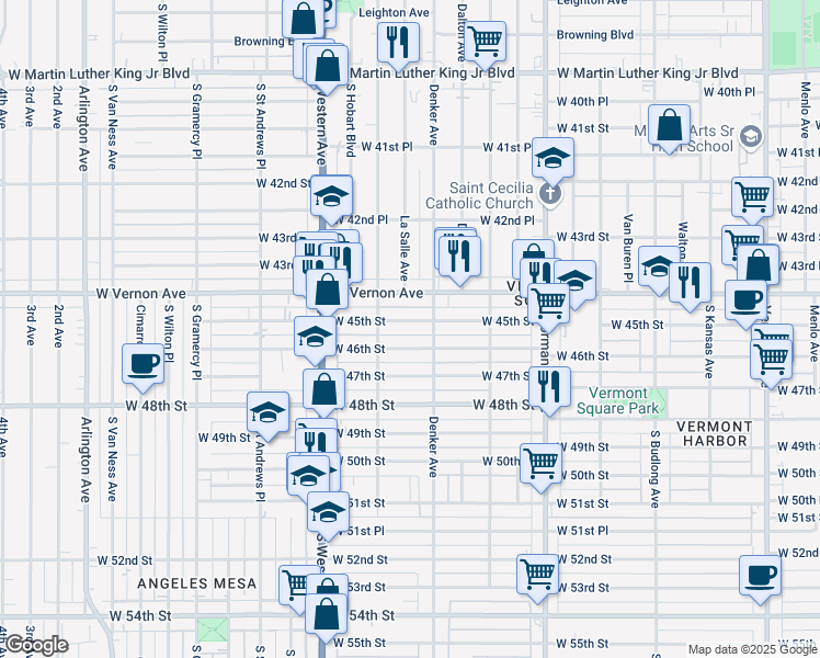 map of restaurants, bars, coffee shops, grocery stores, and more near 1541 West 46th Street in Los Angeles