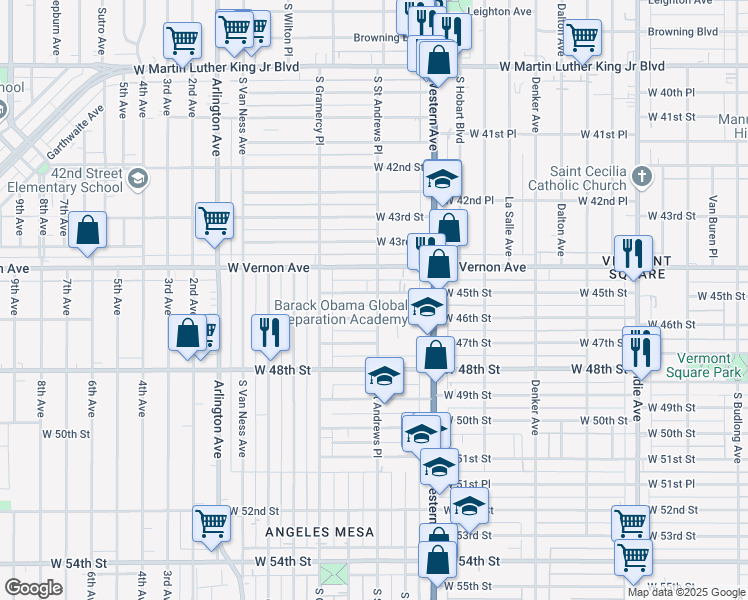 map of restaurants, bars, coffee shops, grocery stores, and more near 1800 West 45th Street in Los Angeles
