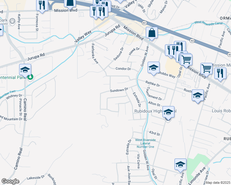 map of restaurants, bars, coffee shops, grocery stores, and more near 6876 Sundown Drive in Riverside