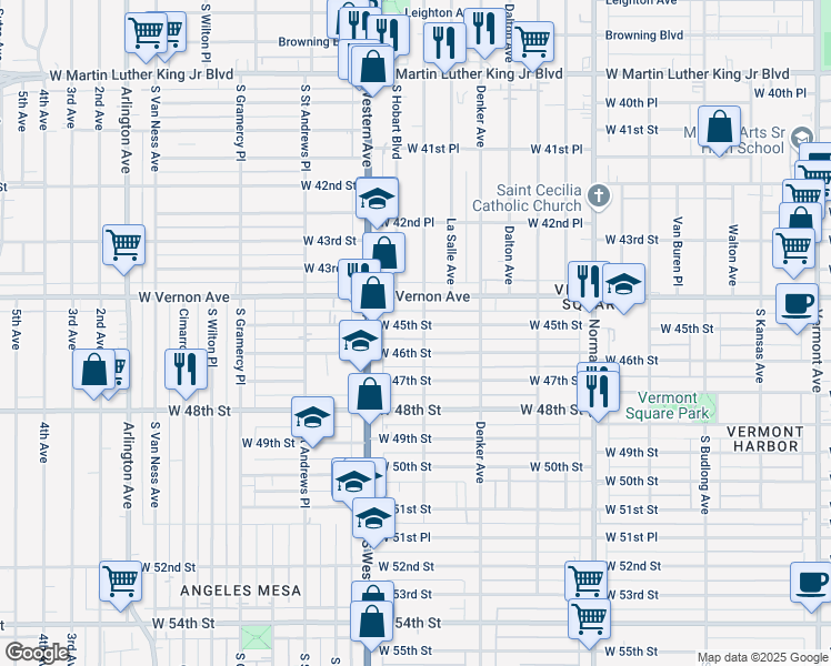 map of restaurants, bars, coffee shops, grocery stores, and more near 1587 West 46th Street in Los Angeles