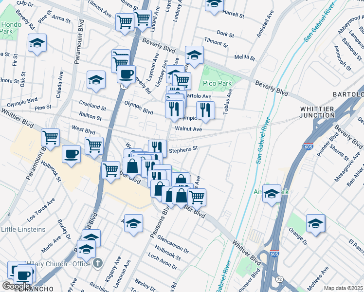 map of restaurants, bars, coffee shops, grocery stores, and more near 9345 Via Azul in Pico Rivera