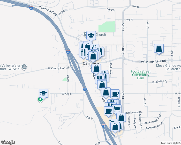 map of restaurants, bars, coffee shops, grocery stores, and more near 950 Calimesa Boulevard in Calimesa