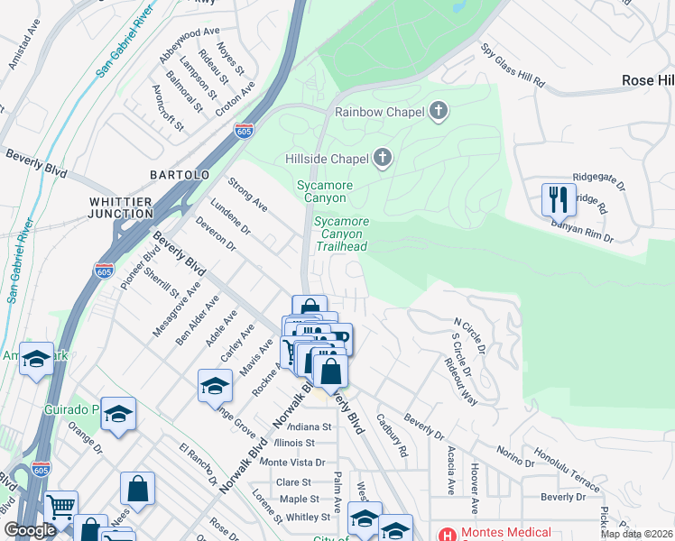 map of restaurants, bars, coffee shops, grocery stores, and more near 5032 Tierra Antigua Drive in Whittier