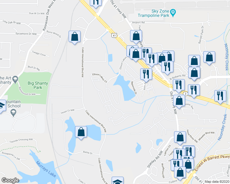 map of restaurants, bars, coffee shops, grocery stores, and more near 2004 Lakeshore Overlook Drive in Kennesaw