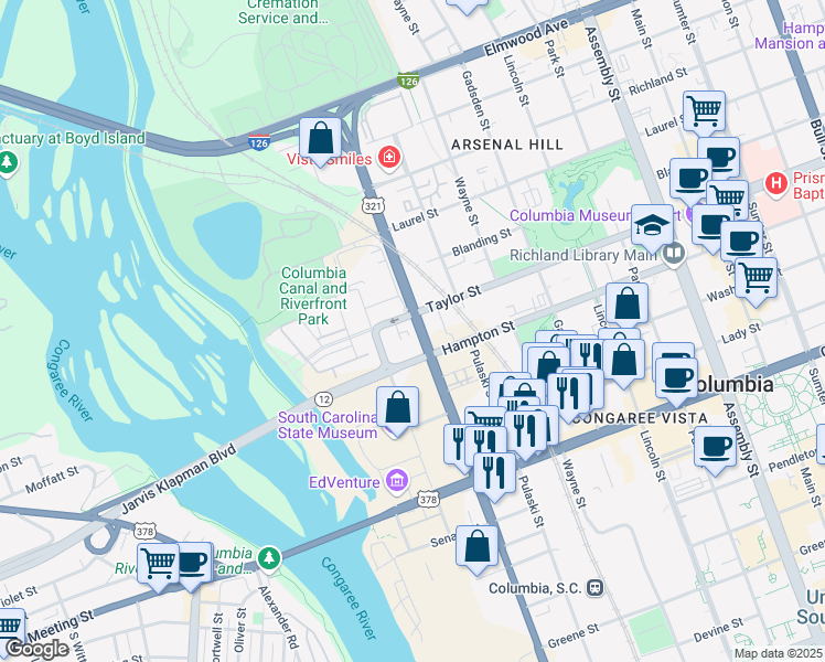 map of restaurants, bars, coffee shops, grocery stores, and more near 1523 Huger Street in Columbia