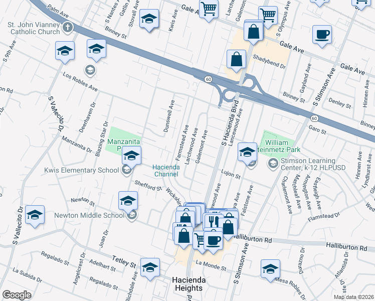 map of restaurants, bars, coffee shops, grocery stores, and more near 1633 Larchwood Avenue in Hacienda Heights