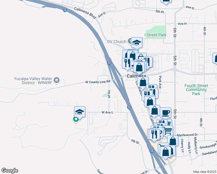map of restaurants, bars, coffee shops, grocery stores, and more near 946 7th Place in Calimesa