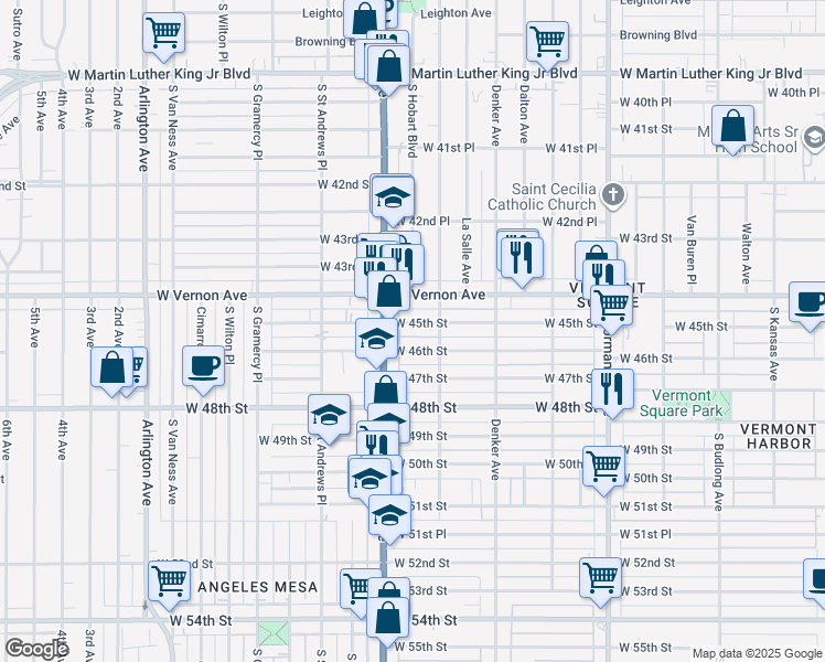 map of restaurants, bars, coffee shops, grocery stores, and more near 1633 West 46th Street in Los Angeles