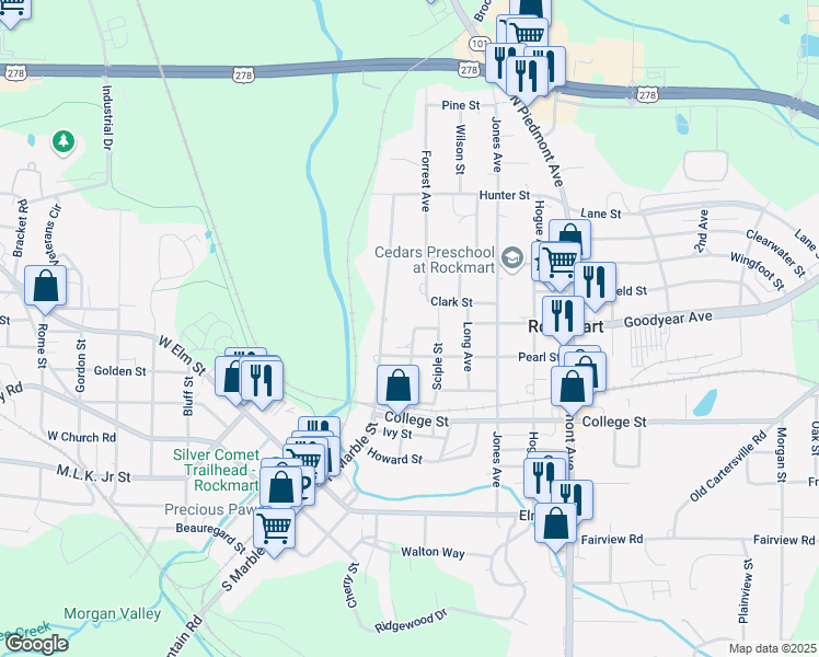 map of restaurants, bars, coffee shops, grocery stores, and more near 540 North Marble Street in Rockmart