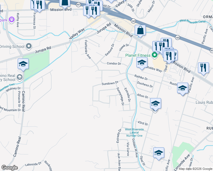 map of restaurants, bars, coffee shops, grocery stores, and more near 6876 Sundown Drive in Riverside