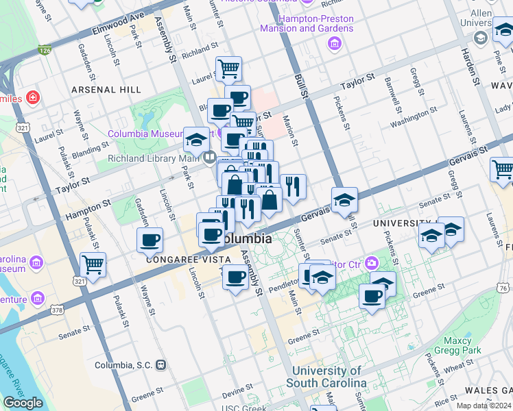map of restaurants, bars, coffee shops, grocery stores, and more near 1122 Lady Street in Columbia