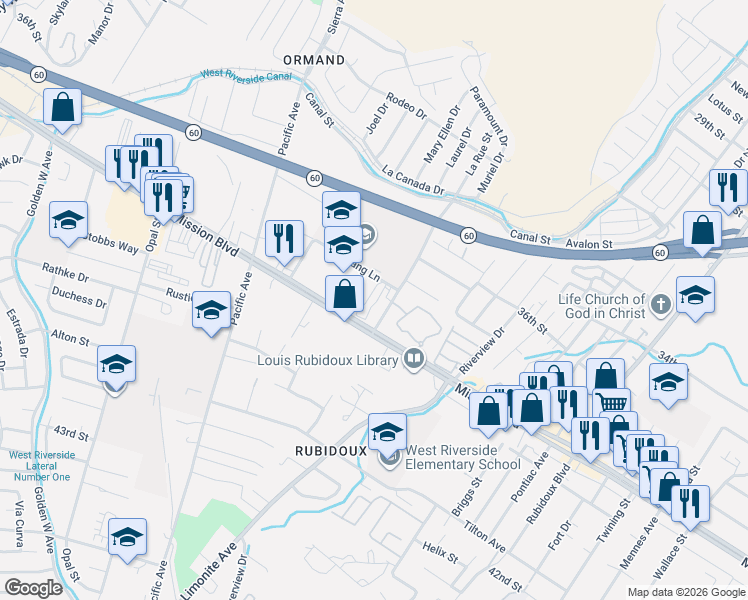 map of restaurants, bars, coffee shops, grocery stores, and more near 3719 La Rue Street in Riverside
