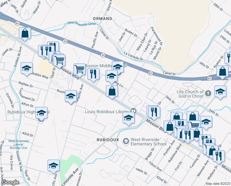 map of restaurants, bars, coffee shops, grocery stores, and more near 5949 Mission Boulevard in Riverside