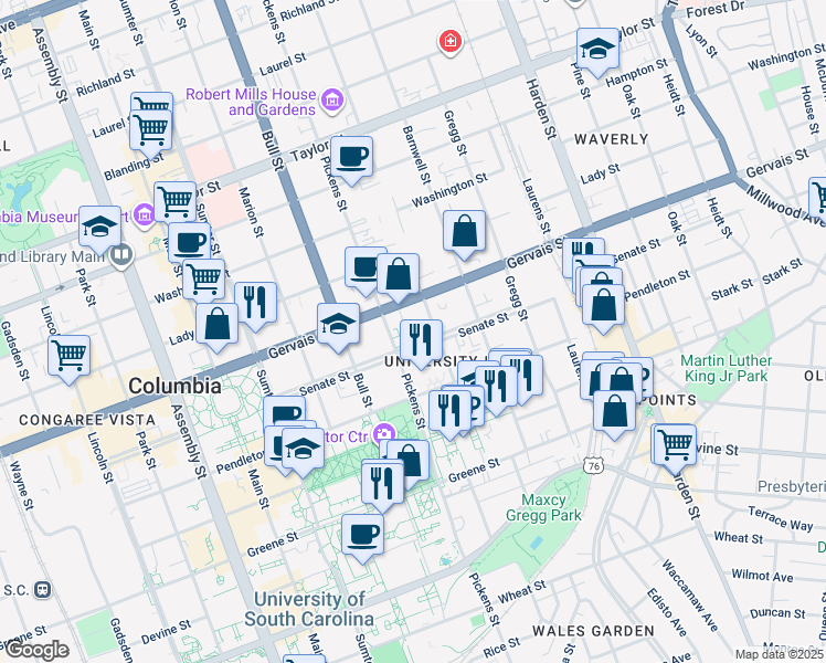 map of restaurants, bars, coffee shops, grocery stores, and more near 513 Pickens Street in Columbia