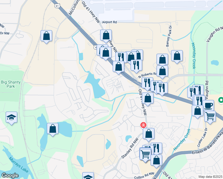 map of restaurants, bars, coffee shops, grocery stores, and more near 2070 Attic Parkway in Kennesaw