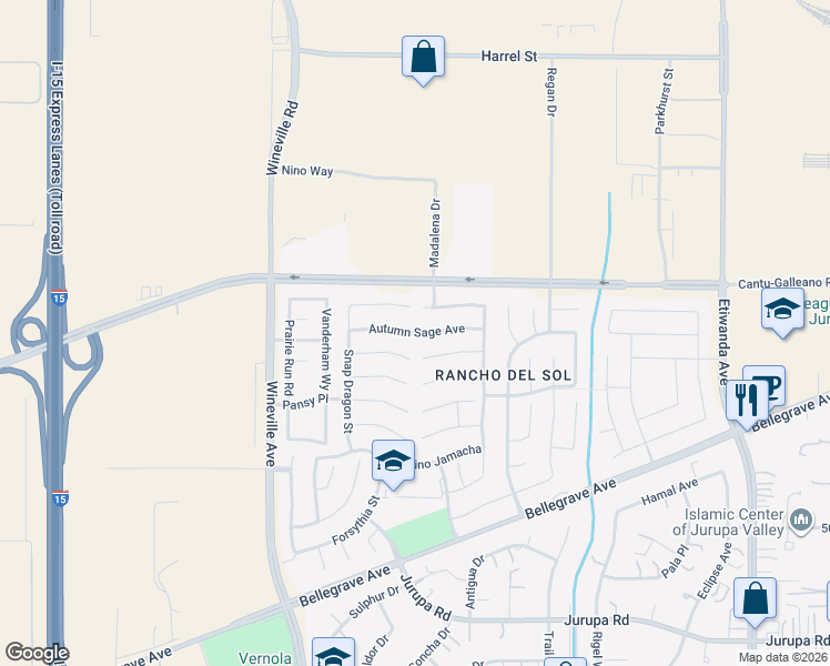 map of restaurants, bars, coffee shops, grocery stores, and more near 11667 Autumn Sage Avenue in Jurupa Valley