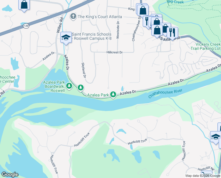 map of restaurants, bars, coffee shops, grocery stores, and more near 155 Spring Drive in Roswell