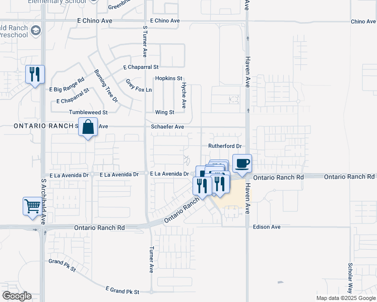 map of restaurants, bars, coffee shops, grocery stores, and more near 3260 Rutherford Drive in Ontario