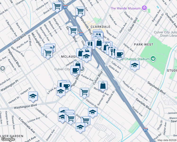 map of restaurants, bars, coffee shops, grocery stores, and more near 11378 Nutmeg Avenue in Los Angeles