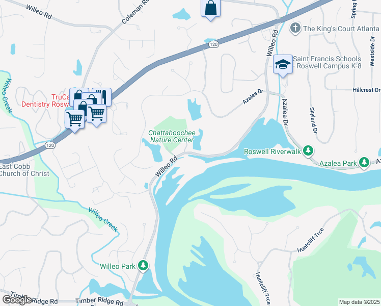 map of restaurants, bars, coffee shops, grocery stores, and more near 9135 Willeo Road in Roswell