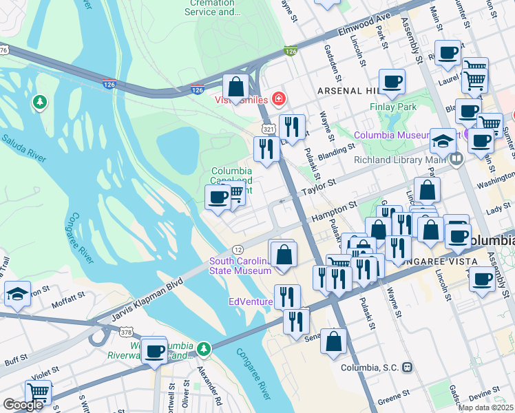 map of restaurants, bars, coffee shops, grocery stores, and more near 383 Taylor Street in Columbia