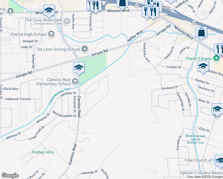 map of restaurants, bars, coffee shops, grocery stores, and more near 4738 Laurel Ridge Drive in Riverside