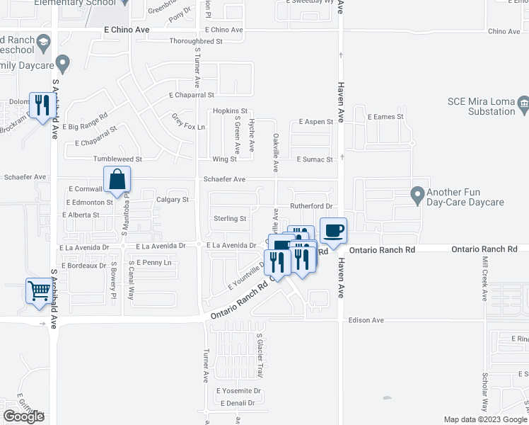map of restaurants, bars, coffee shops, grocery stores, and more near 3917 Oakville Avenue in Ontario