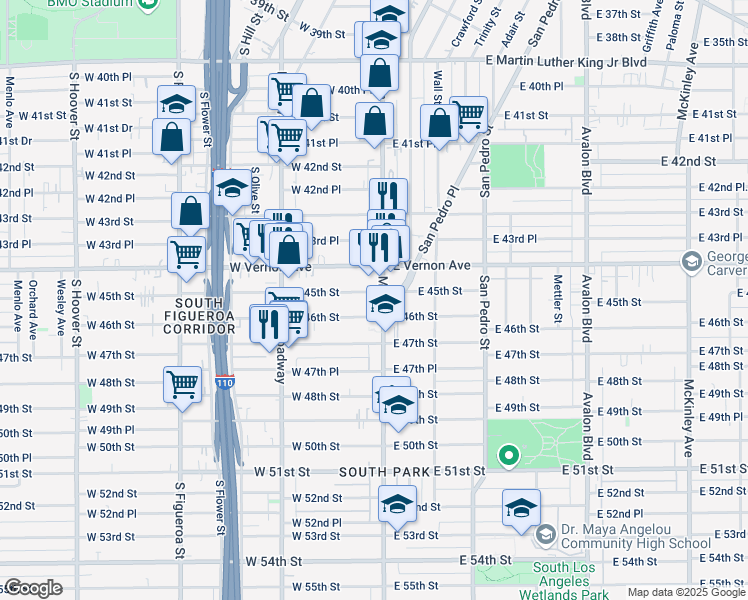 map of restaurants, bars, coffee shops, grocery stores, and more near 127 1/2 West 46th Street in Los Angeles
