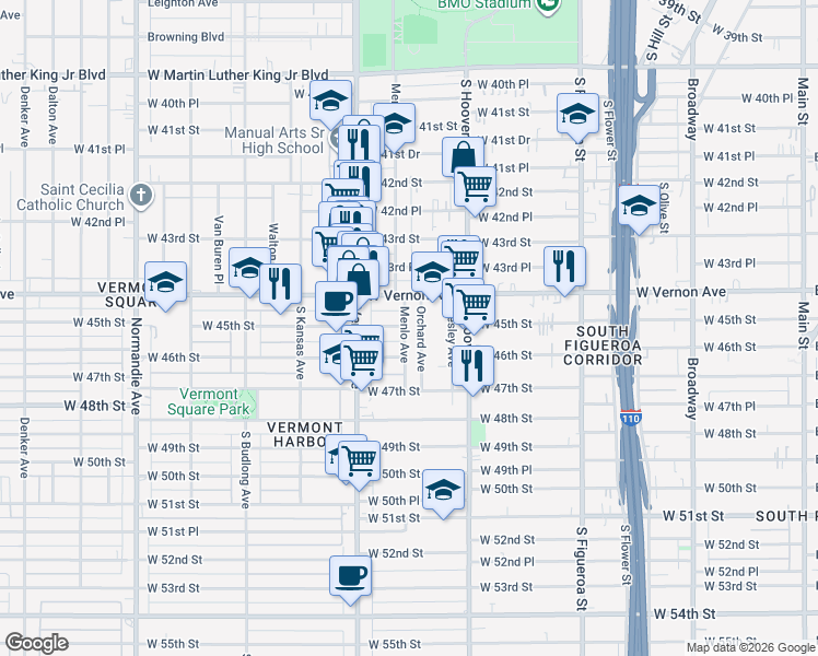 map of restaurants, bars, coffee shops, grocery stores, and more near 945 West 46th Street in Los Angeles