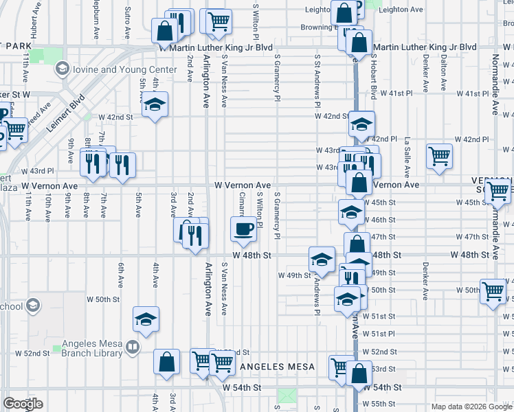 map of restaurants, bars, coffee shops, grocery stores, and more near 4527 South Wilton Place in Los Angeles