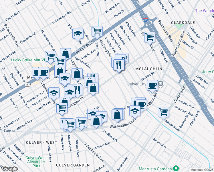 map of restaurants, bars, coffee shops, grocery stores, and more near 4040 Marcasel Avenue in Los Angeles