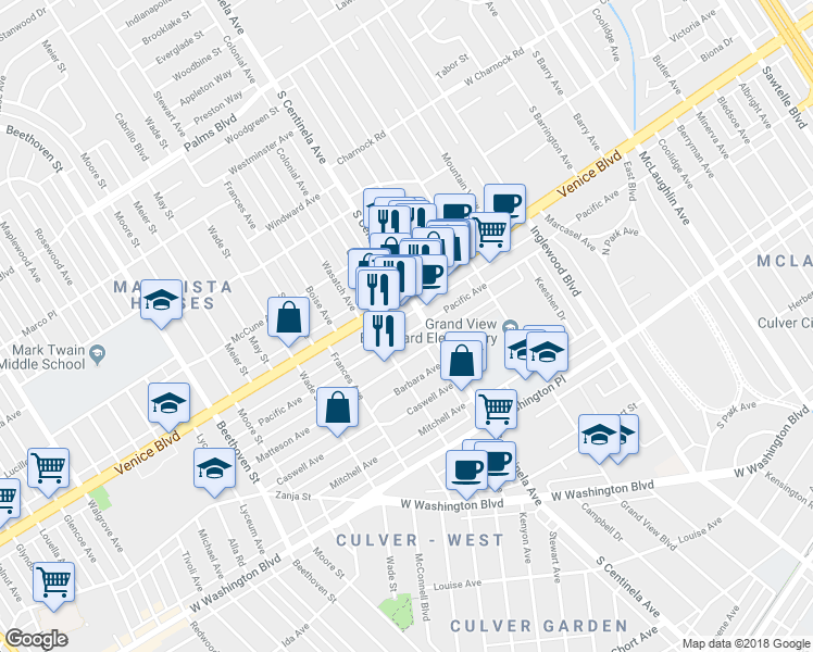 map of restaurants, bars, coffee shops, grocery stores, and more near 12444 Pacific Avenue in Los Angeles