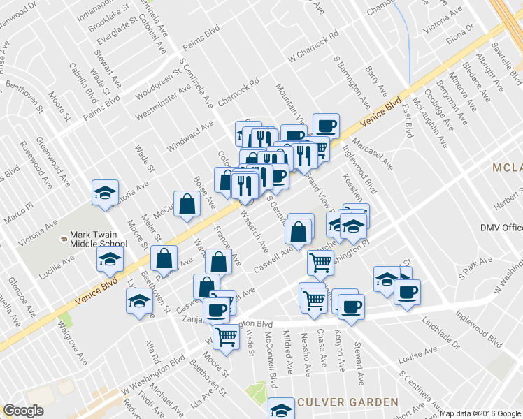 map of restaurants, bars, coffee shops, grocery stores, and more near 12444 Pacific Avenue in Los Angeles