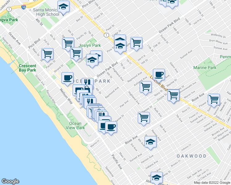 map of restaurants, bars, coffee shops, grocery stores, and more near 504 Ashland Avenue in Santa Monica