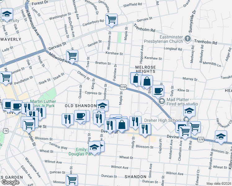 map of restaurants, bars, coffee shops, grocery stores, and more near 927 Maple Street in Columbia