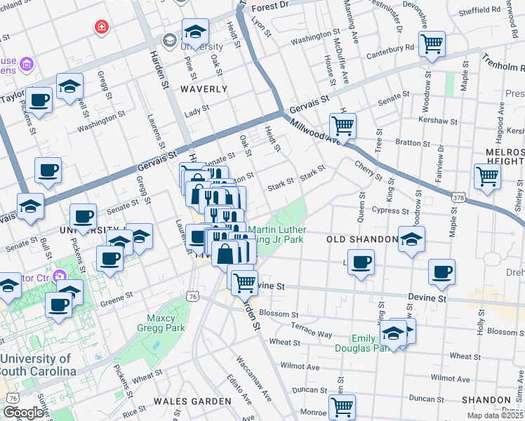 map of restaurants, bars, coffee shops, grocery stores, and more near 2208 College Street in Columbia