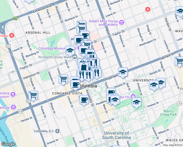map of restaurants, bars, coffee shops, grocery stores, and more near 1122 Lady Street in Columbia