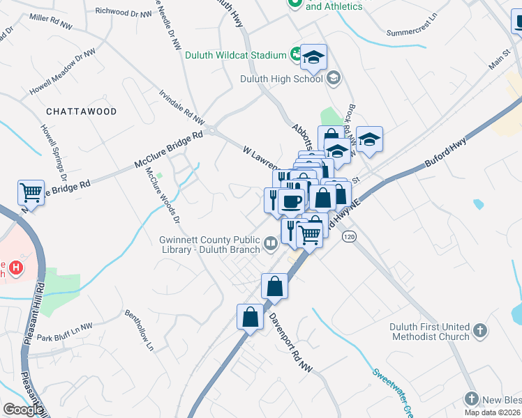 map of restaurants, bars, coffee shops, grocery stores, and more near 3230 Ridge Towne Place in Duluth