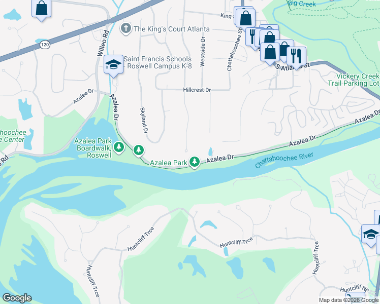 map of restaurants, bars, coffee shops, grocery stores, and more near 155 Spring Drive in Roswell
